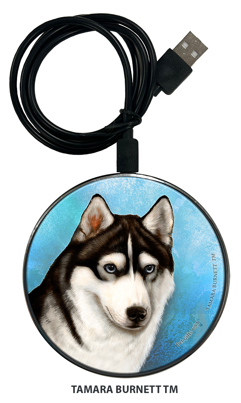 An image of product 30016 - Siberian Husky Blue Eye Black and White - Zoomies Phone Charger