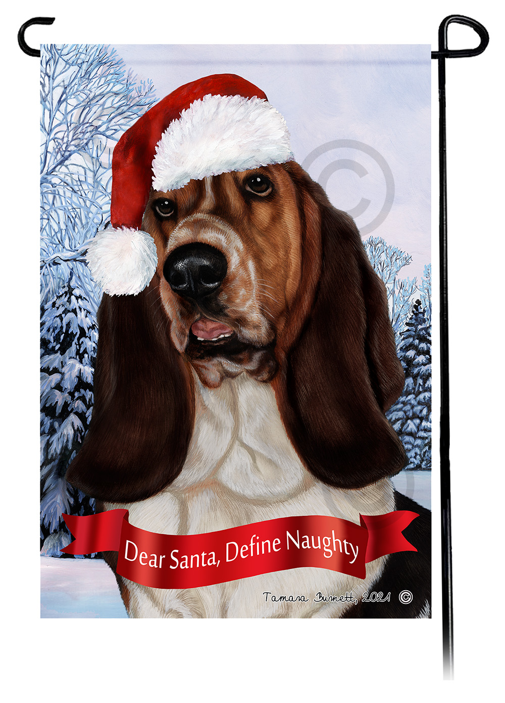 Basset Tri Color Dear Santa, Define Naughty - Garden Flag image