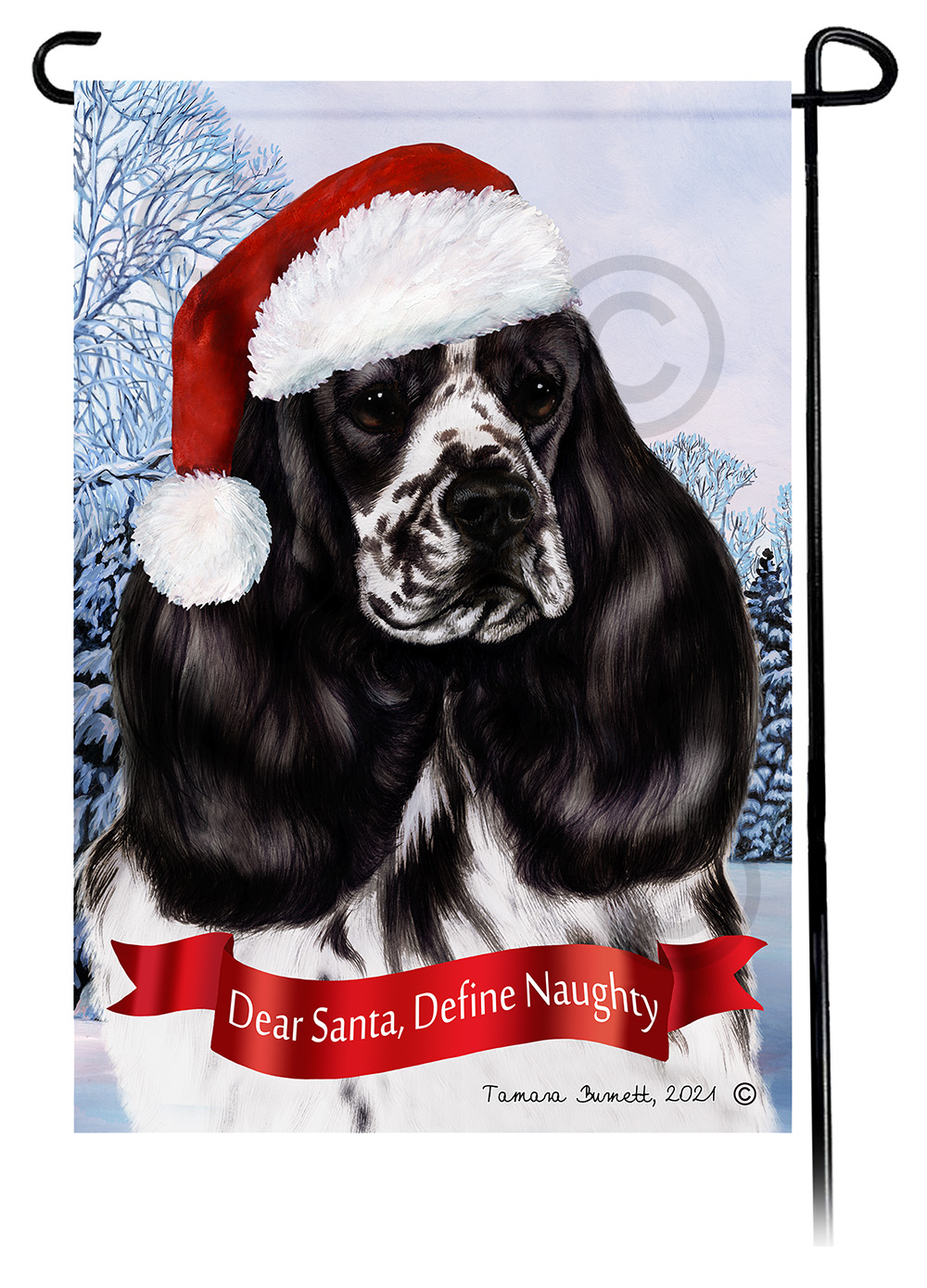 Cocker Spaniel Black & White Parti Dear Santa, Define Naughty - Garden Flag image