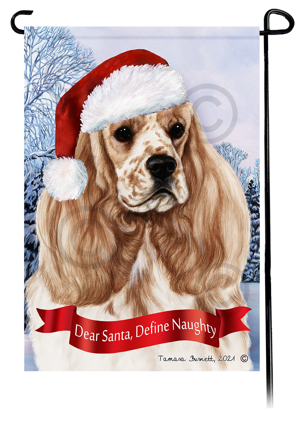 Cocker Spaniel Buff & White Parti Dear Santa, Define Naughty - Garden Flag image