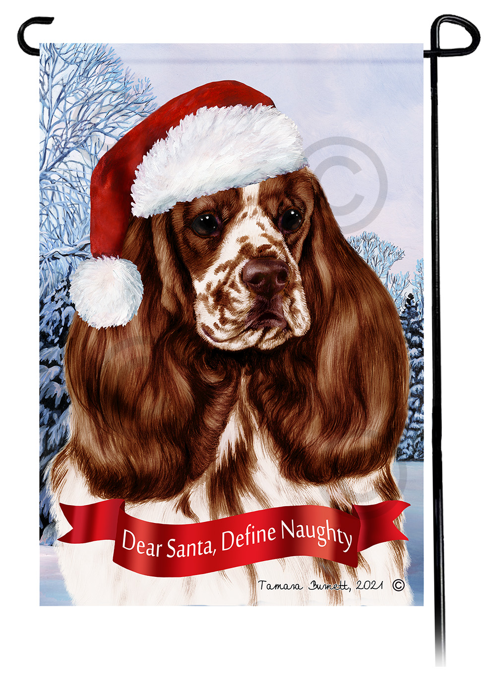 Cocker Spaniel Choc & Wh Parti Dear Santa, Define Naughty - Garden Flag image