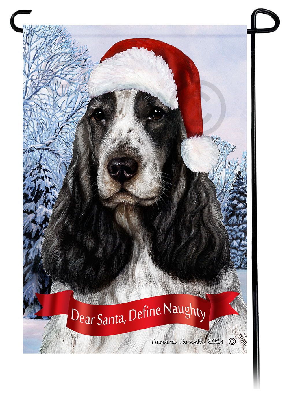 English Cocker Black & White Dear Santa, Define Naughty - Garden Flag image