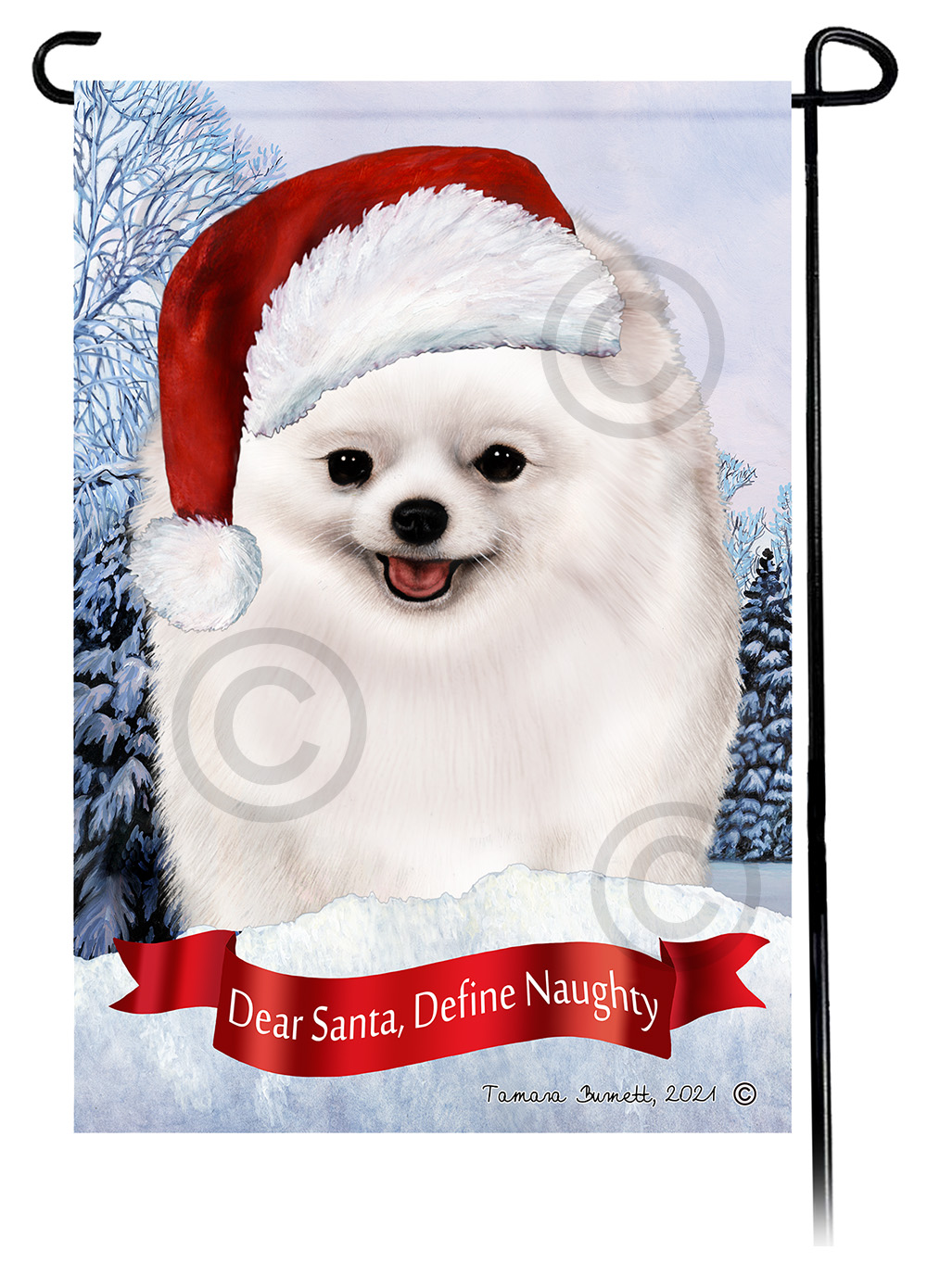 Pomeranian White Dear Santa, Define Naughty - Garden Flag Image