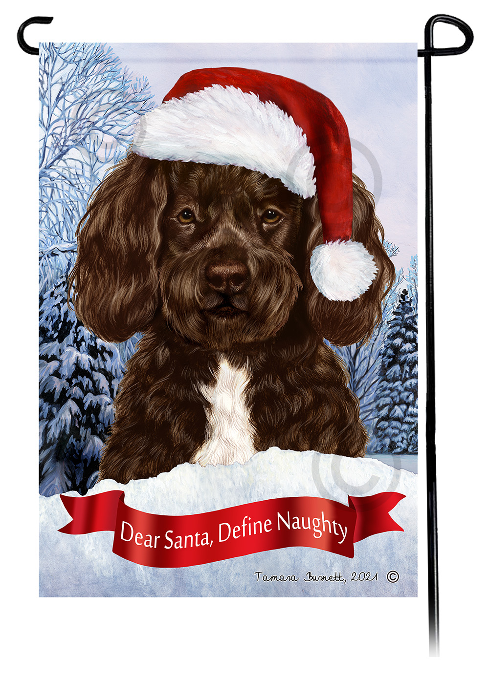 Portugues Water Dog Chocolate Bearded Dear Santa, Define Naughty - Garden Flag image