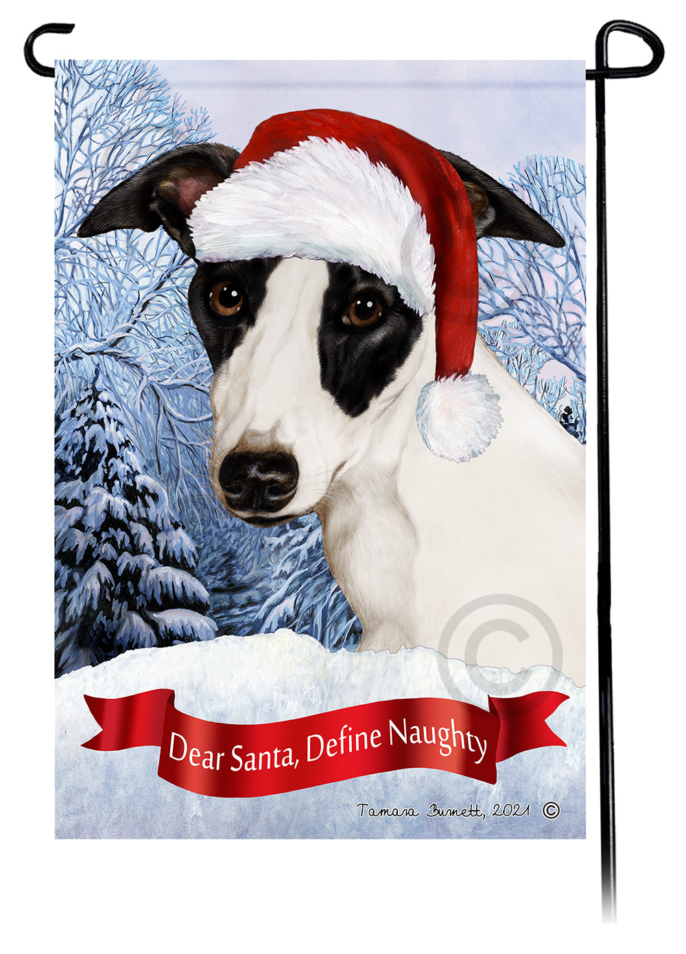 Whippet Black & White Dear Santa, Define Naughty - Garden Flag image