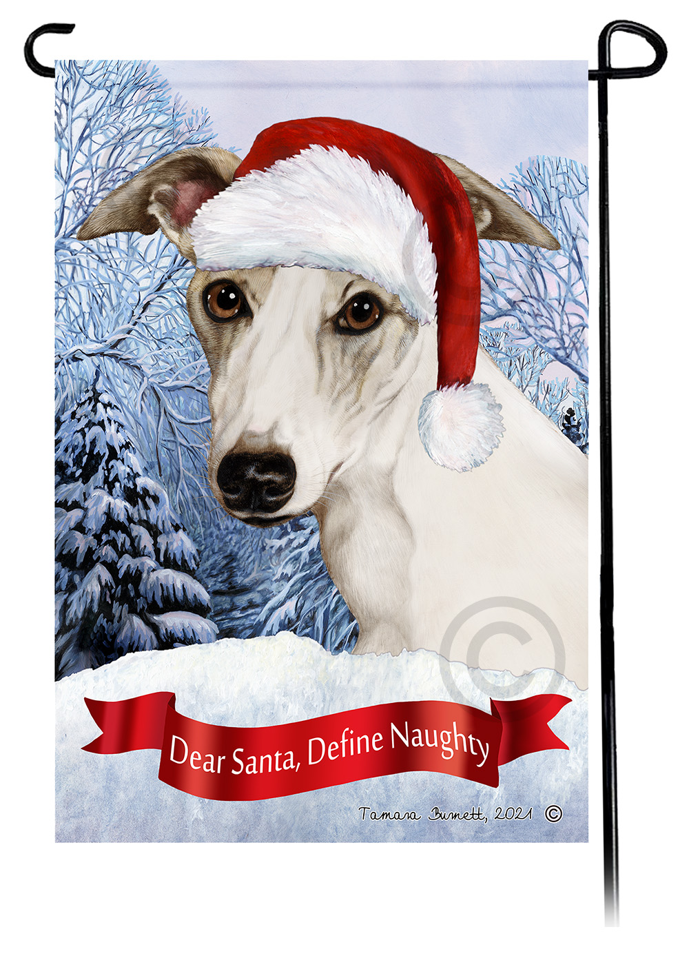 Whippet Fawn Brindle & White Dear Santa, Define Naughty - Garden Flag image