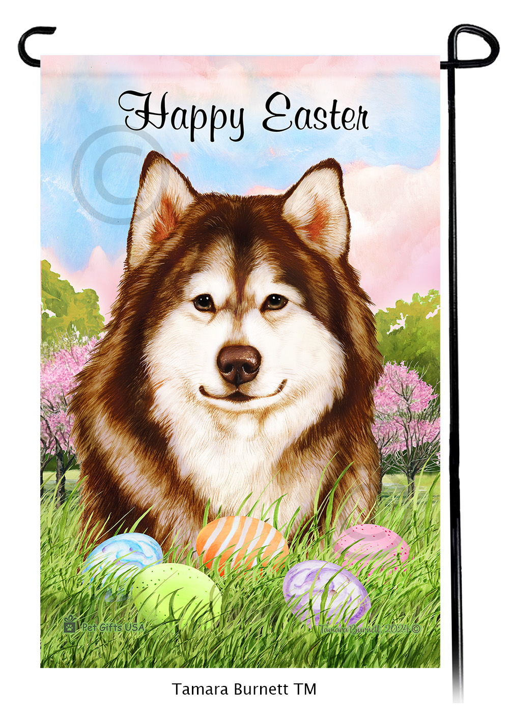 Alaskan Malamute Red and White Happy Easter Garden Flag image