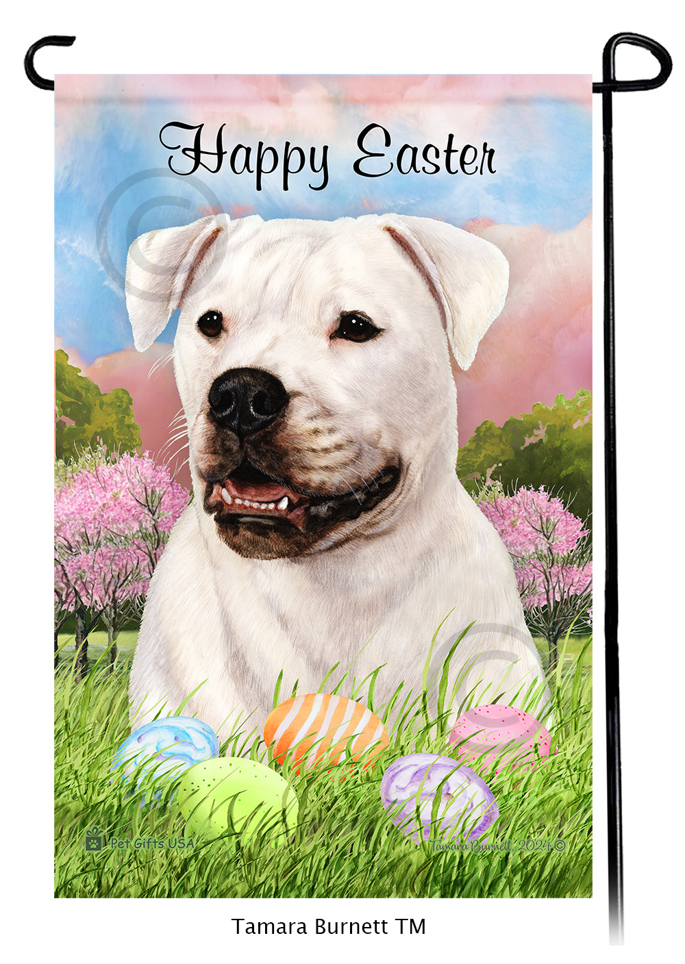 American Bulldog White Happy Easter Garden Flag image