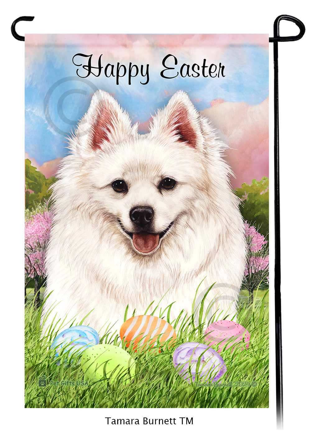 American Eskimo Happy Easter Garden Flag image