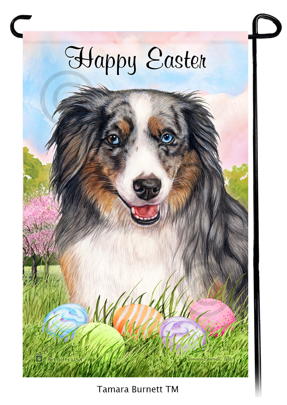 American Shepherd Blue Merle (Aussie Mini) Happy Easter Garden Flag image