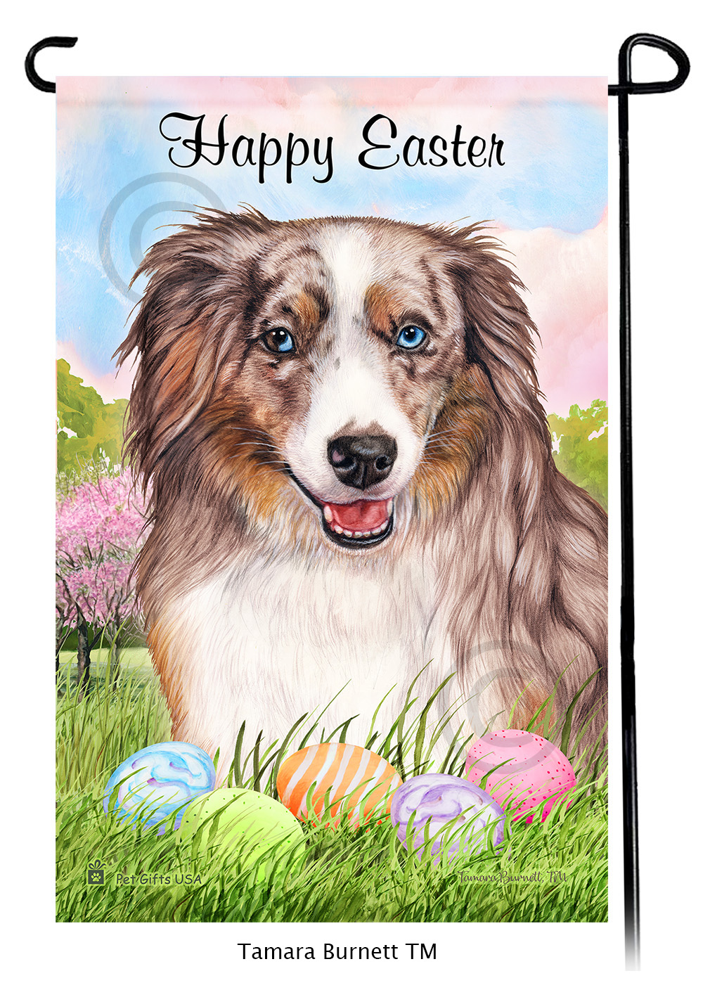 American Shepherd Red Merle (Aussie Mini) Happy Easter Garden Flag image