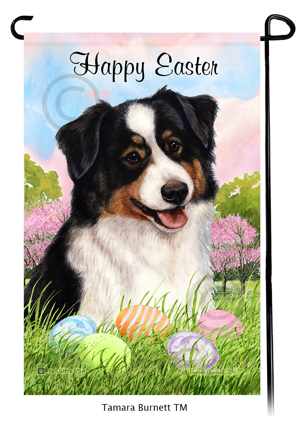 Australian Shepherd Black Tri Happy Easter Garden Flag image