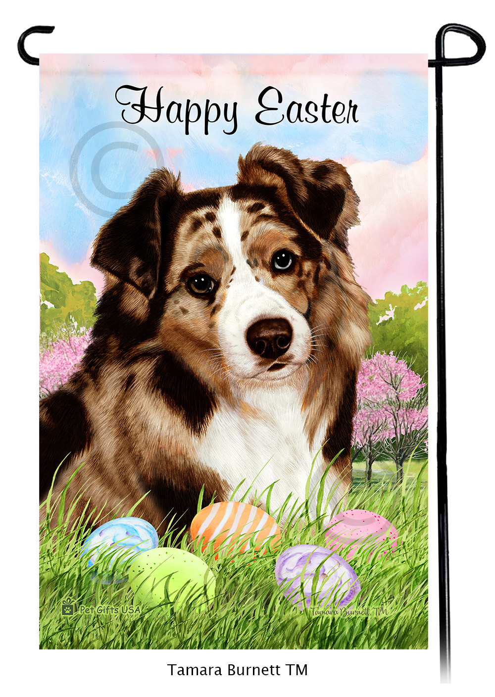 Australian Shepherd Red Merle  Happy Easter Garden Flag image