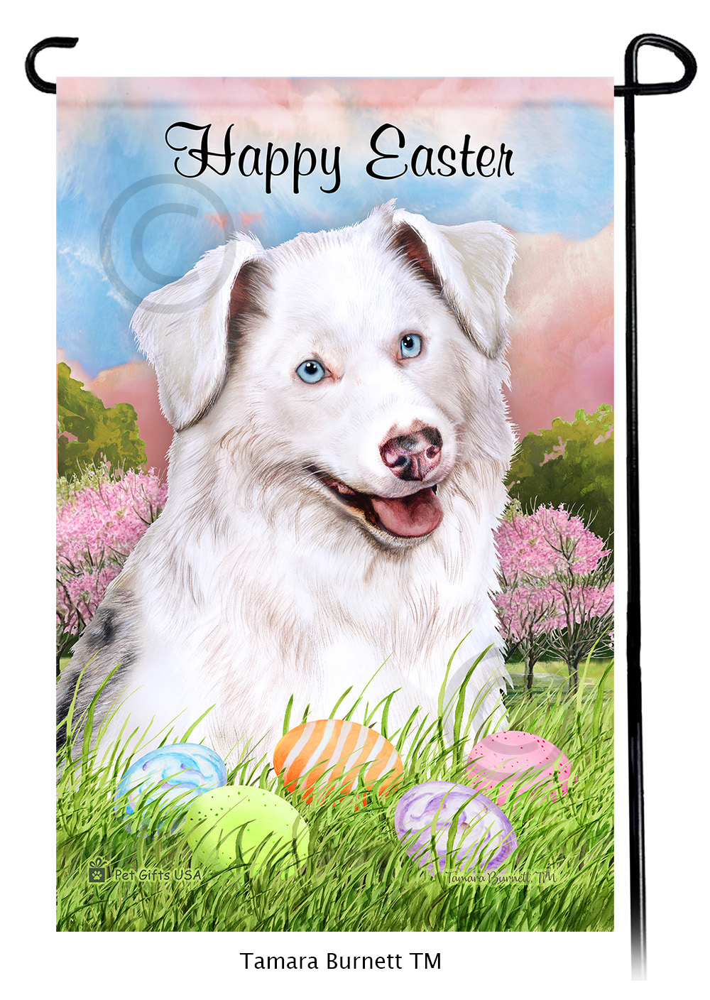 Australian Shepherd White Happy Easter Garden Flag image