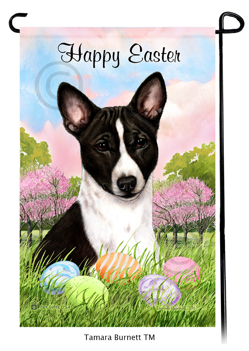 Basenji Black and White  Happy Easter Garden Flag image