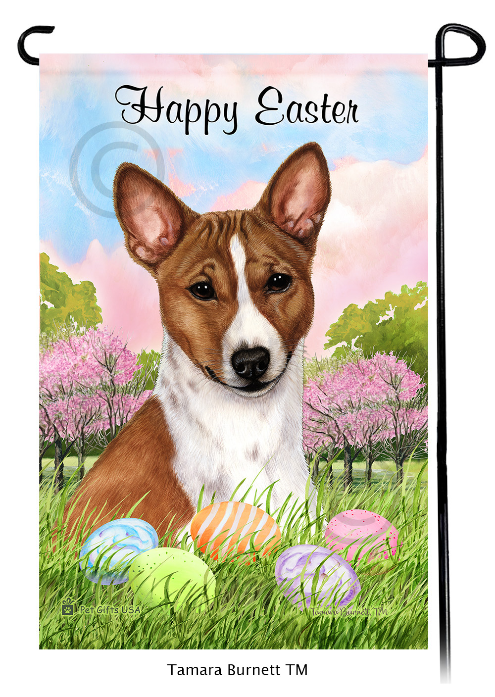 Basenji Red and White  Happy Easter Garden Flag image