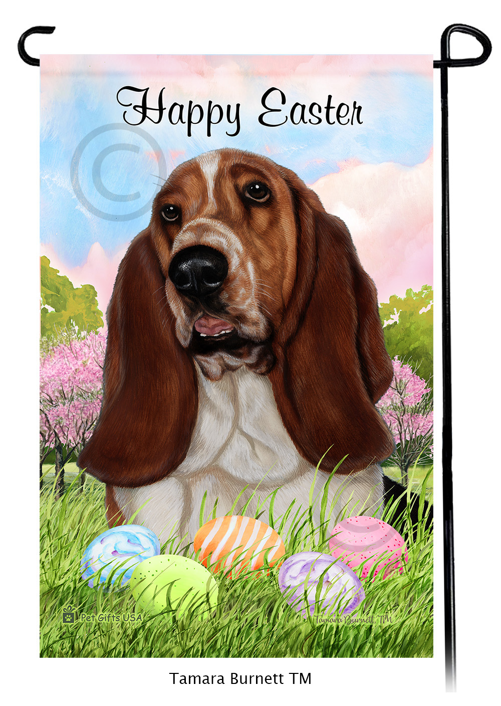 Basset Brown and White Happy Easter Garden Flag image