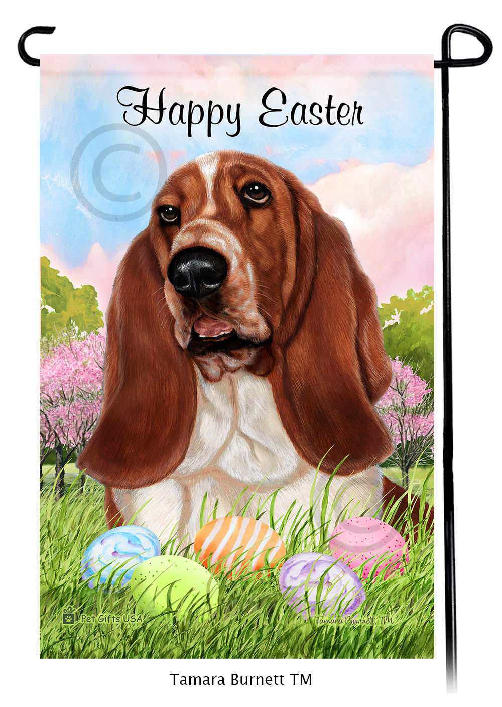 Basset Red and White  Happy Easter Garden Flag image