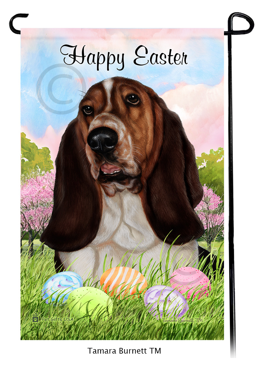 Basset Tri  Happy Easter Garden Flag image