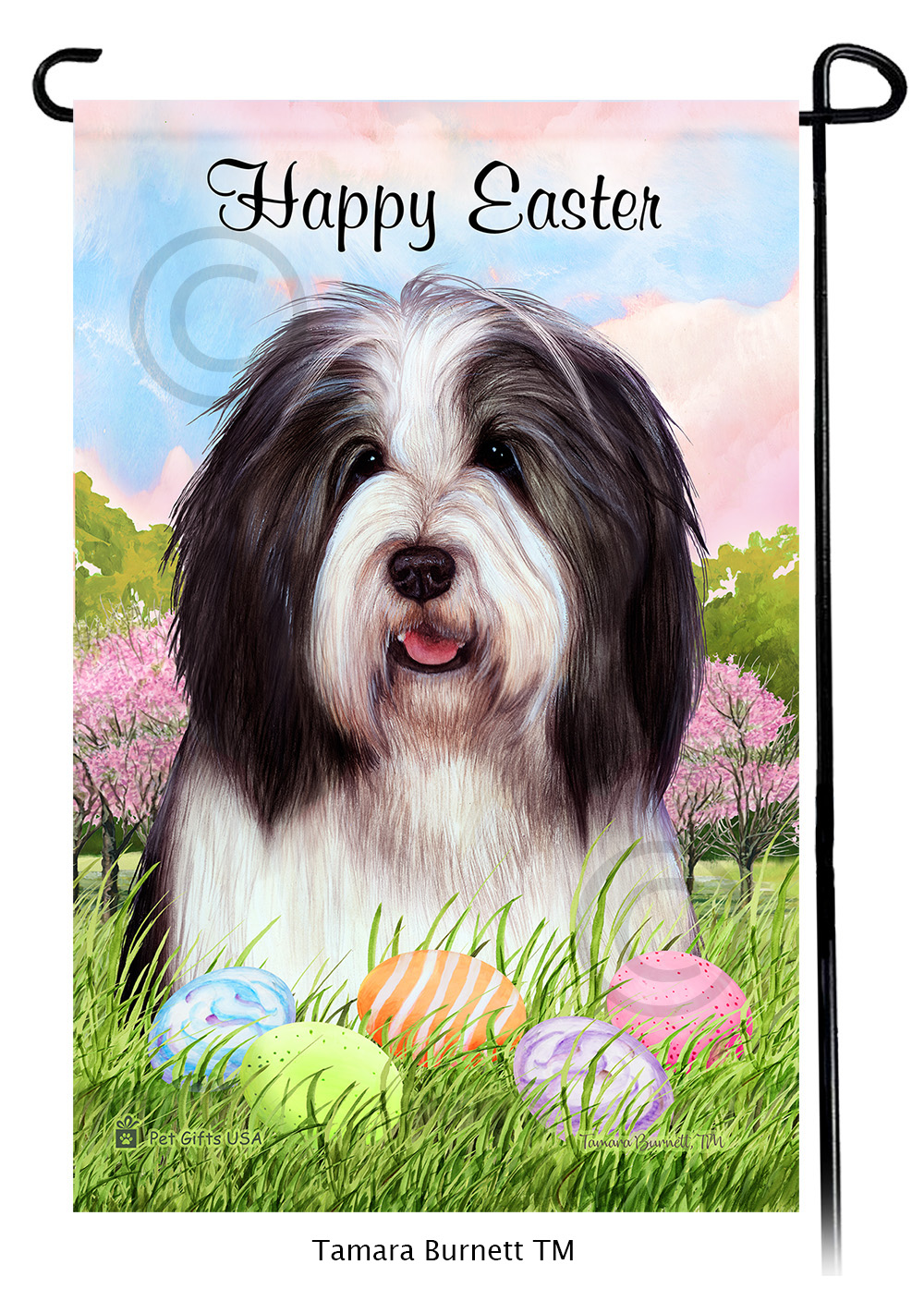 Bearded Collie Black and White Happy Easter Garden Flag image