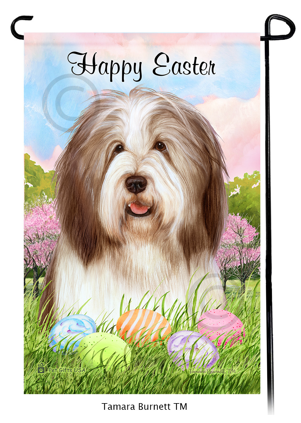 Bearded Collie Dark Liver and White Happy Easter Garden Flag image