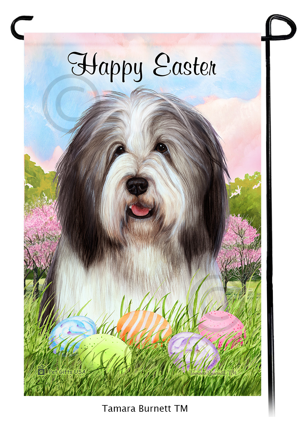 Bearded Collie Gray and White  Happy Easter Garden Flag image