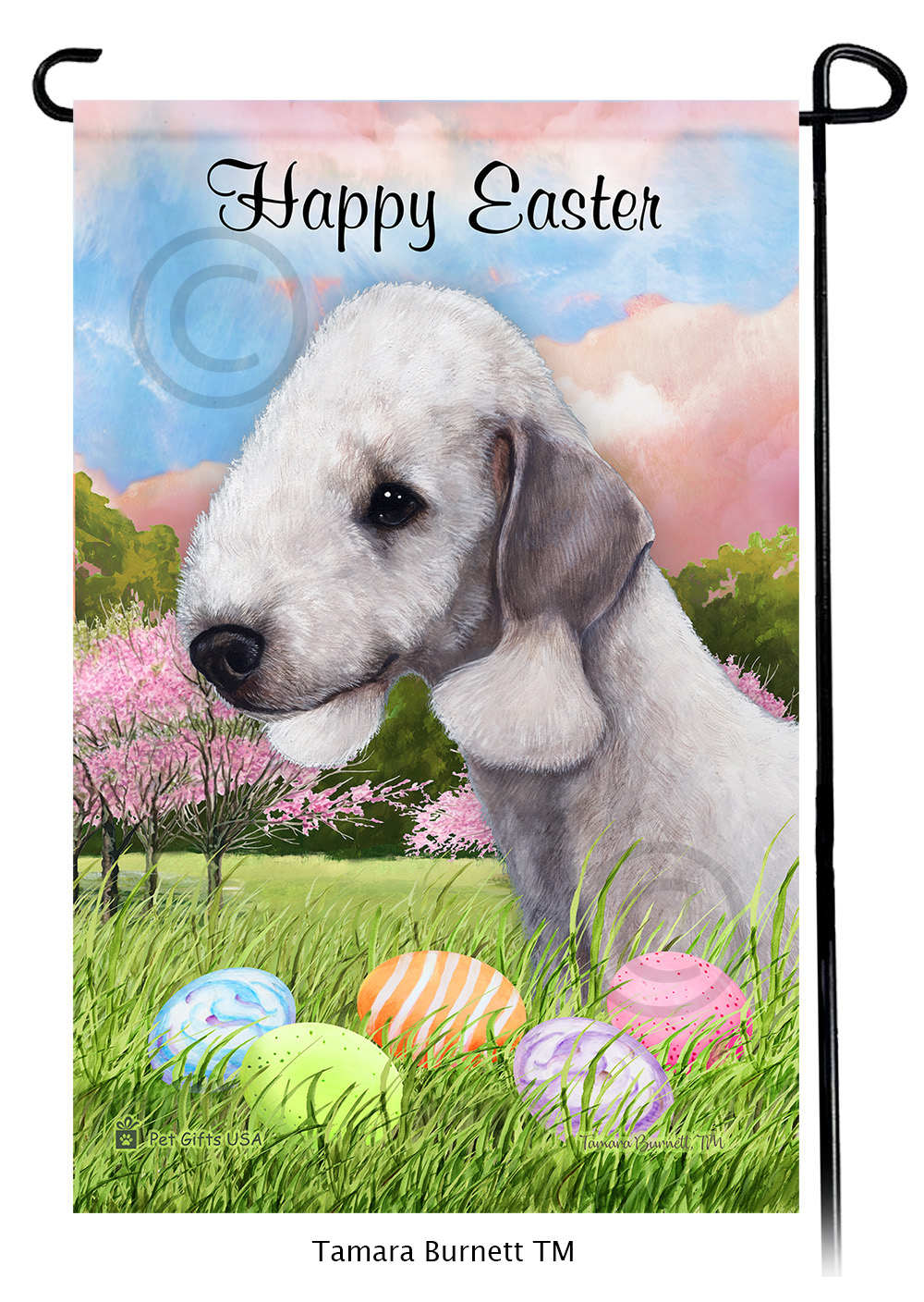 Bedlington Terrier Blue  Happy Easter Garden Flag image