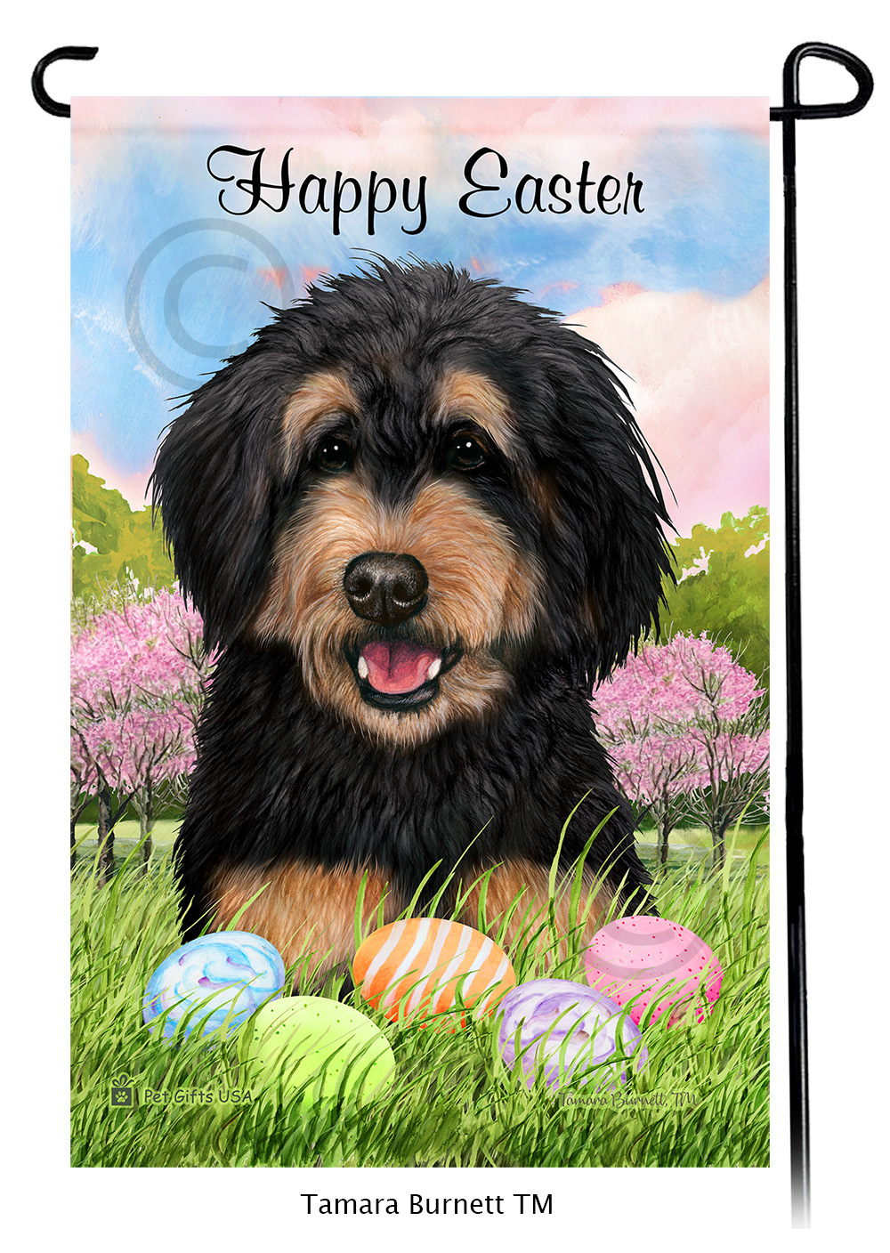 Bernedoodle Black and Tan  Happy Easter Garden Flag image