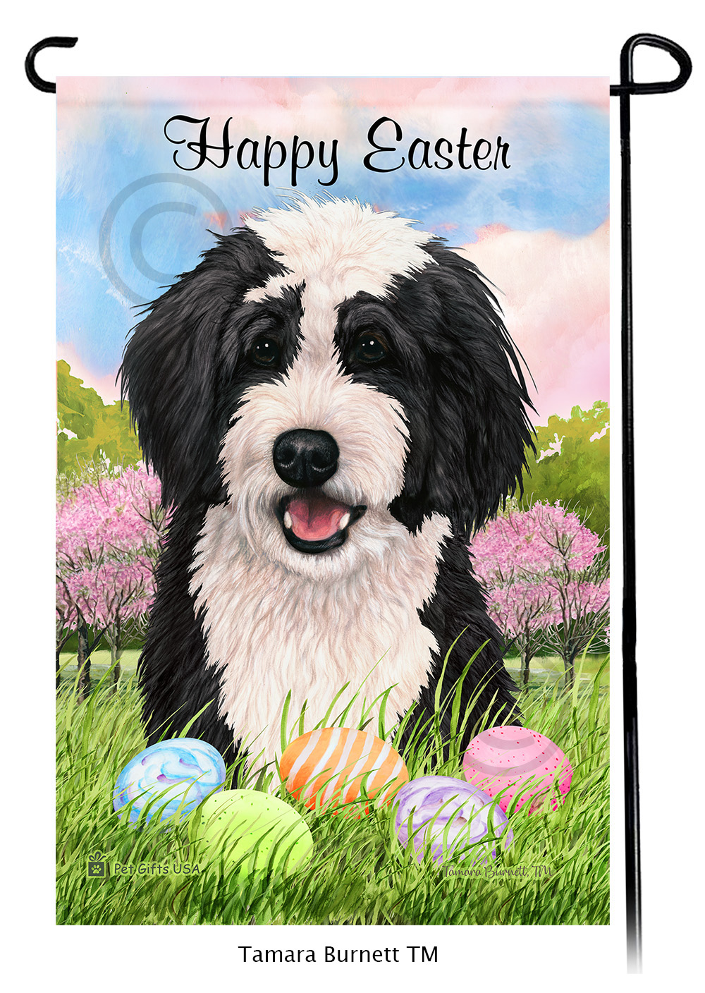 Bernedoodle Black and White Happy Easter Garden Flag image