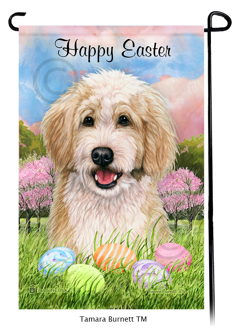 Bernedoodle Blonde and White Happy Easter Garden Flag image