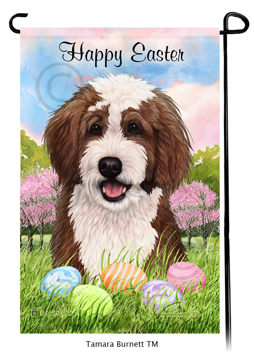 Bernedoodle Chocolate and White Happy Easter Garden Flag image