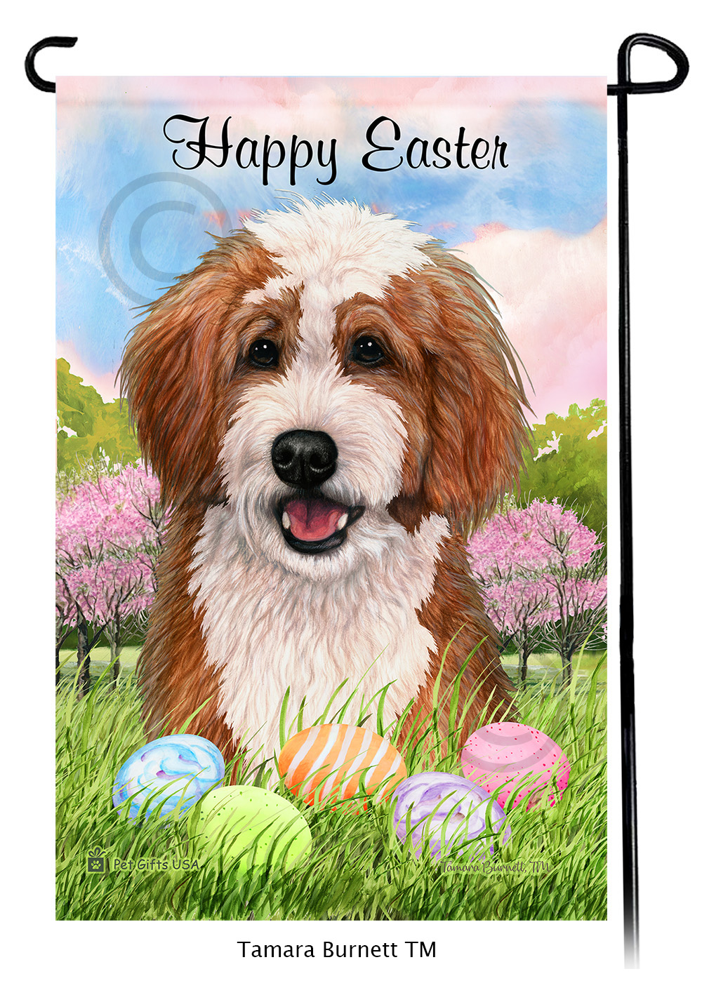 Bernedoodle Red and White  Happy Easter Garden Flag image