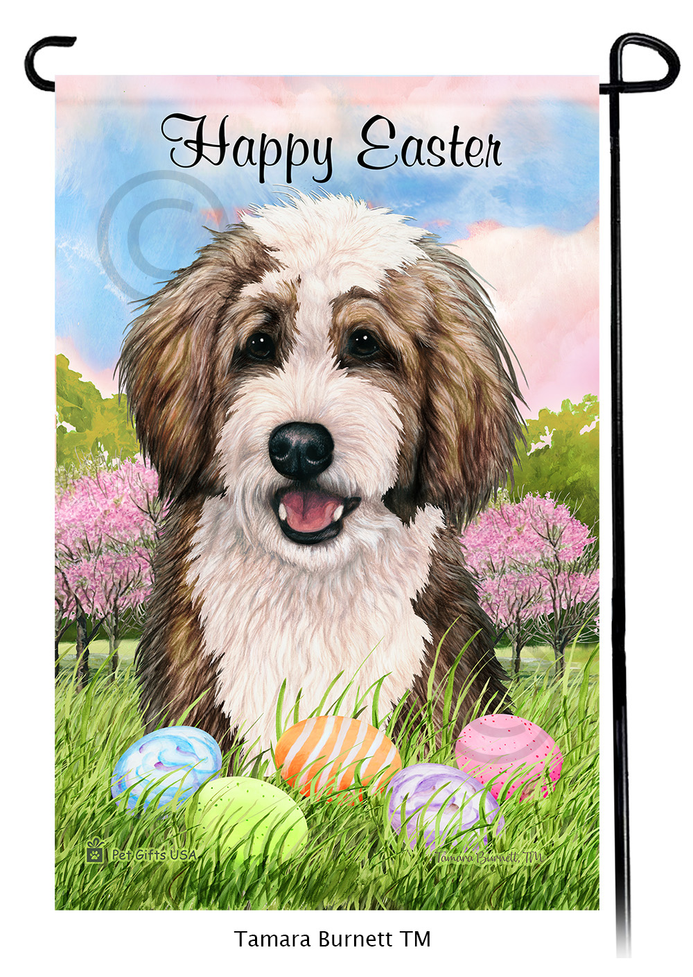 Bernedoodle Sable and White  Happy Easter Garden Flag image