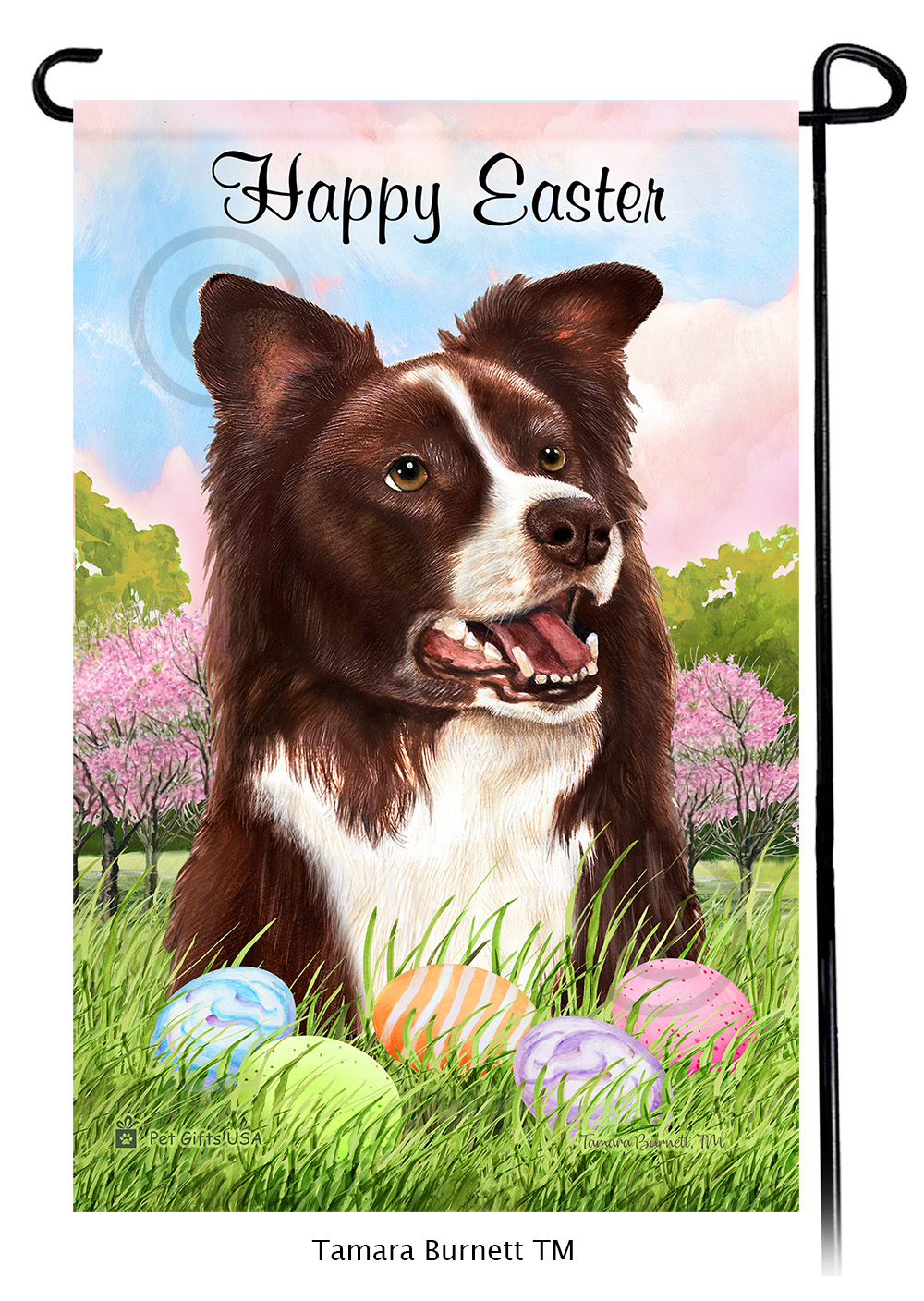 Border Collie Red and White Happy Easter Garden Flag image