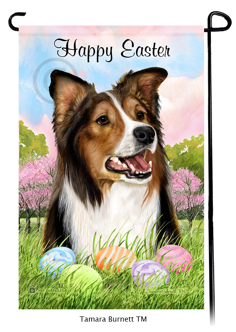 Border Collie Sable and White Happy Easter Garden Flag image