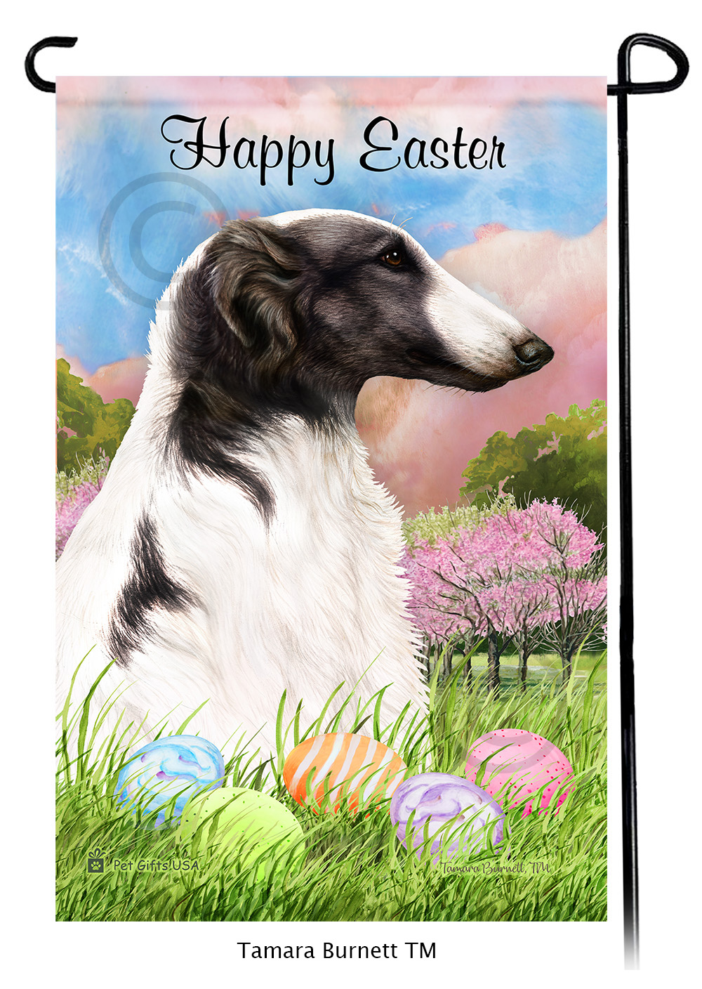 Borzoi Black and White Happy Easter Garden Flag image