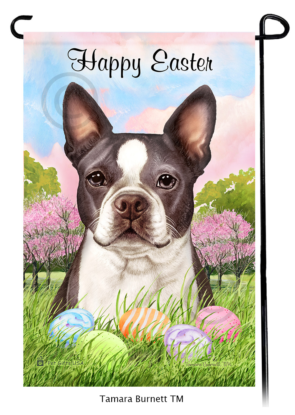 Boston Terrier Blue and White Happy Easter Garden Flag image