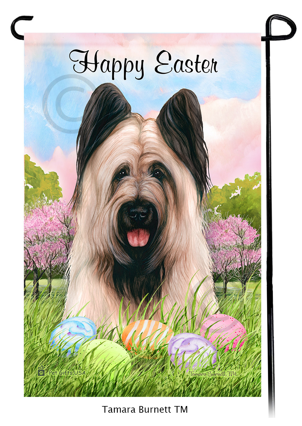 Briard Light Fawn Cropped Happy Easter Garden Flag image