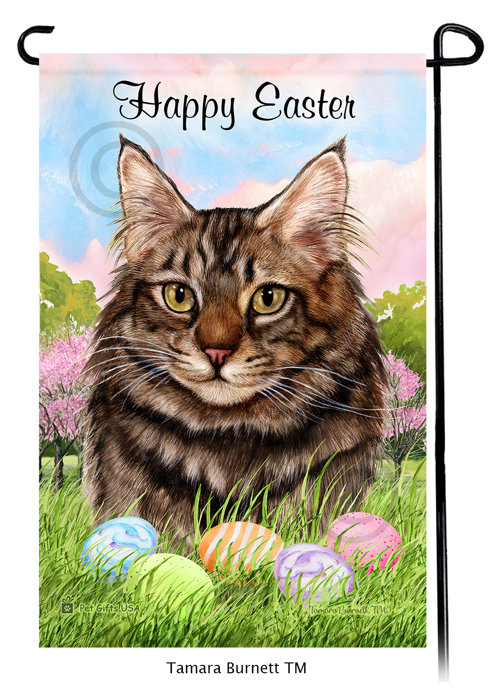 Maine Coon Brown Tabby Happy Easter Garden Flag image
