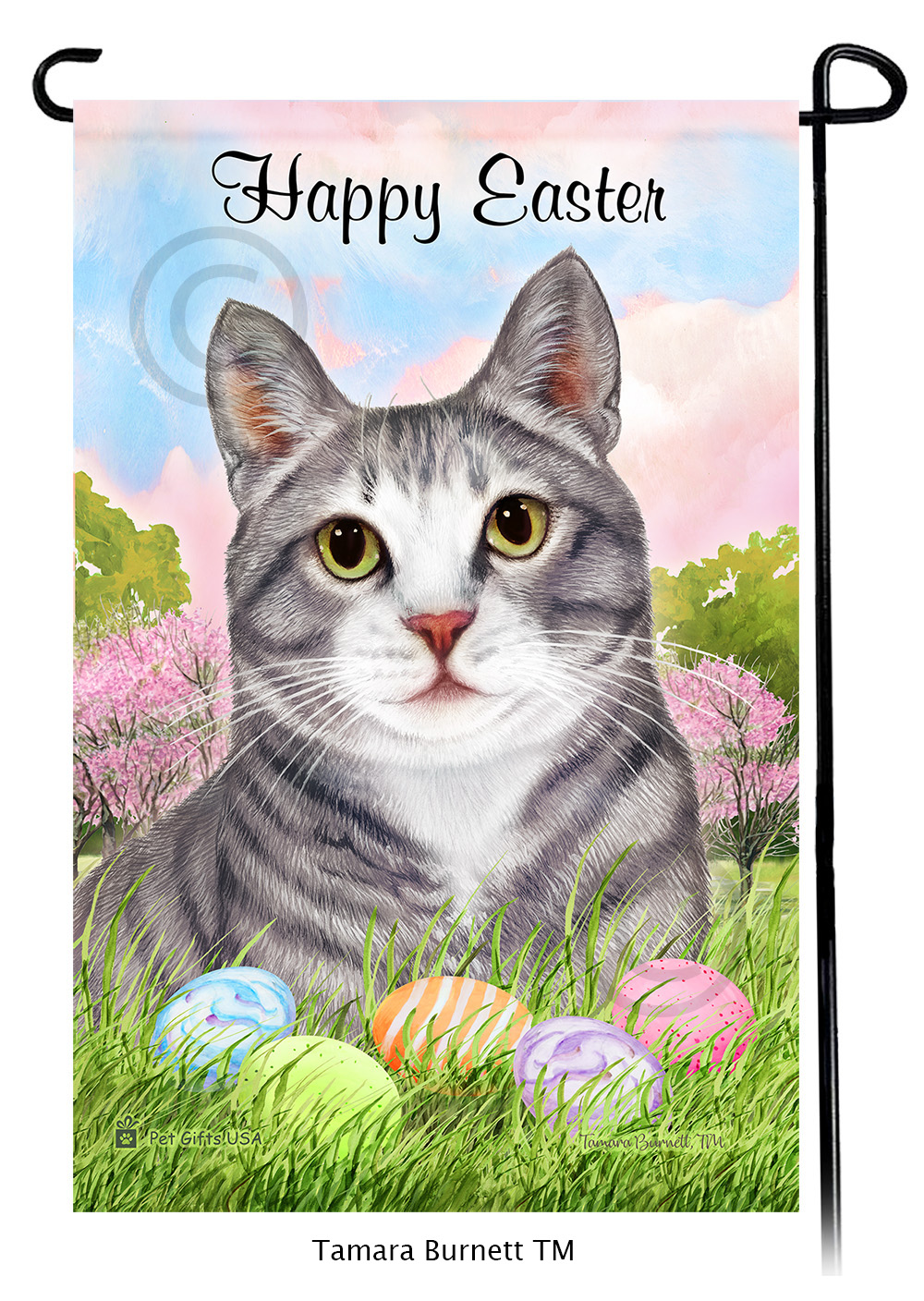 Tuxedo Blue and White Tabby Happy Easter Garden Flag image