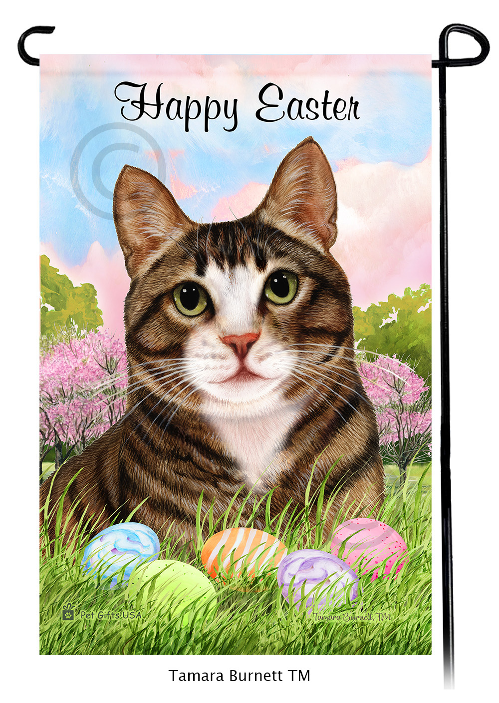Tuxedo Brown and White Tabby Happy Easter Garden Flag image