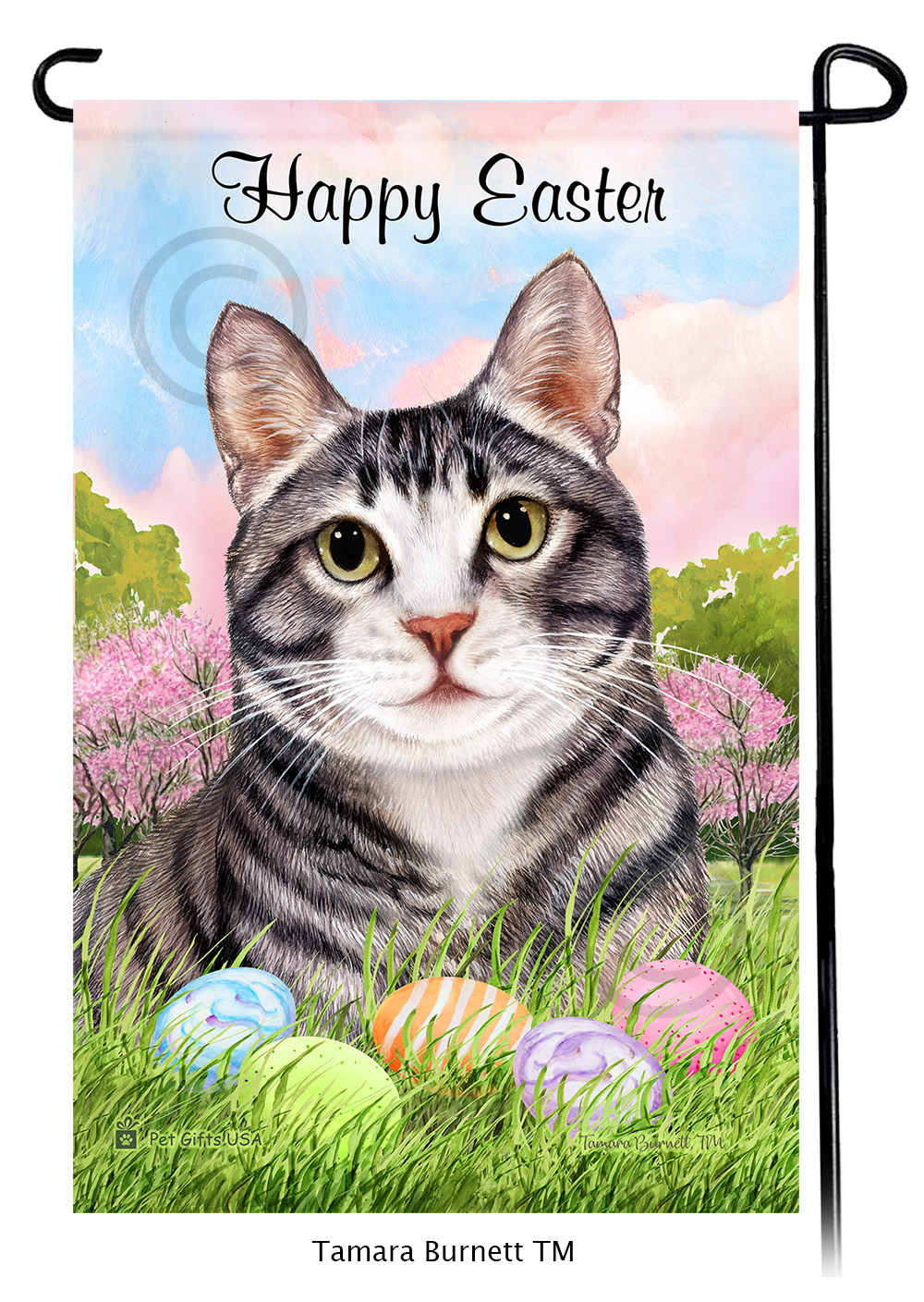 Tuxedo Silver and White Happy Easter Garden Flag image