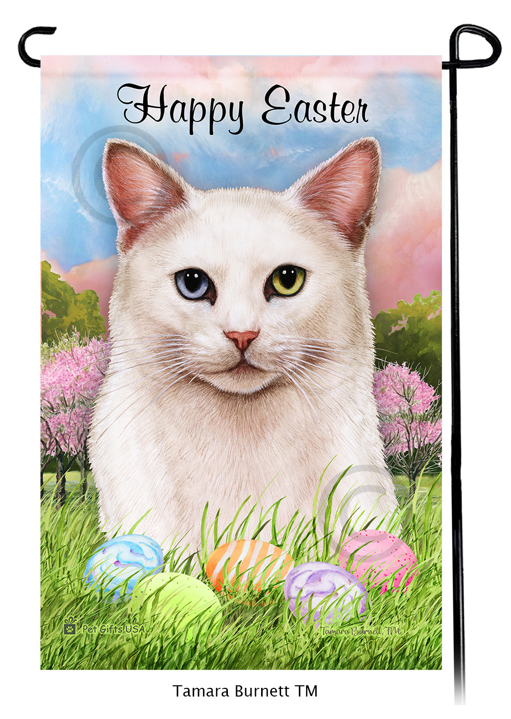 White Odd Eyes Happy Easter Garden Flag image