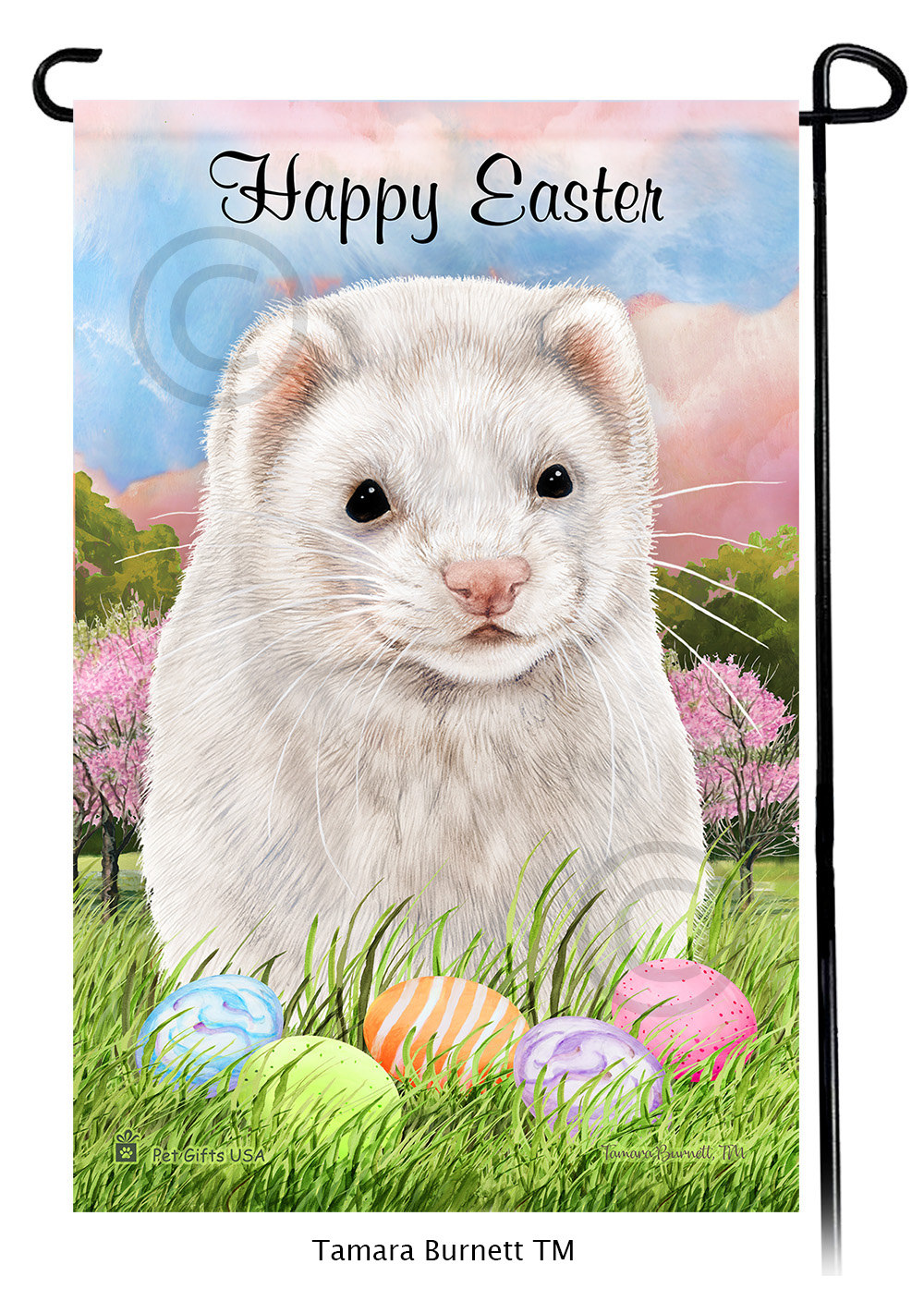 Ferret Dark Eyed White Happy Easter Garden Flag image Ferret Dark Eyed White Happy Easter Garden Flag image
