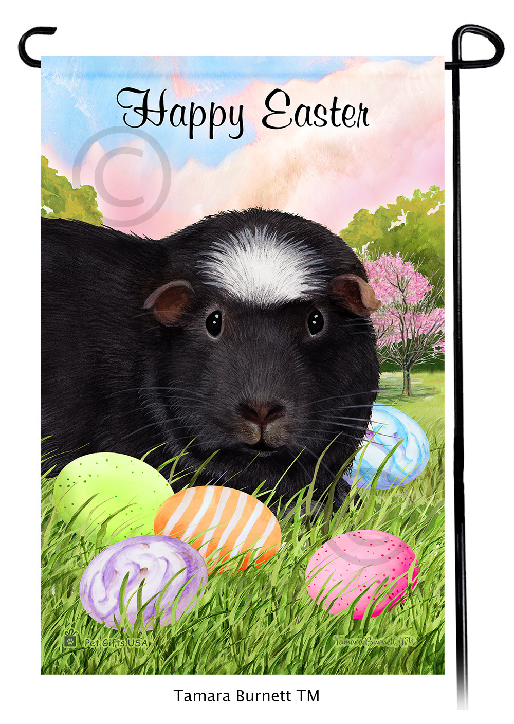 Guinea Pig Black and White Crested Happy Easter Garden Flag image Guinea Pig Black and White Crested Happy Easter Garden Flag image