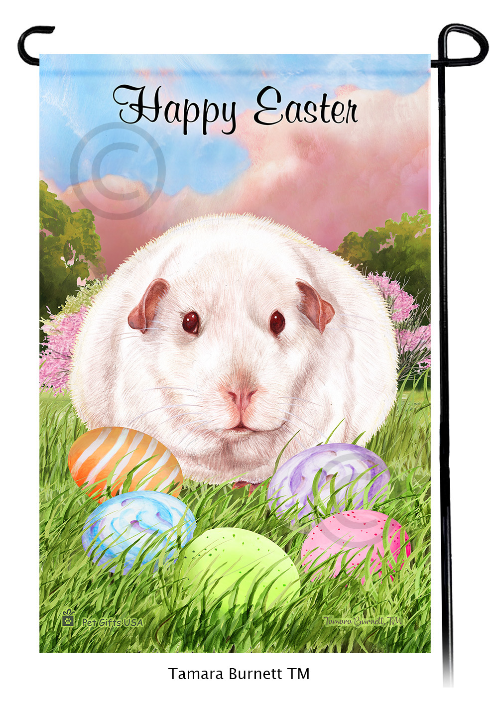 Guinea Pig Pink Eyed White Happy Easter Garden Flag image Guinea Pig Pink Eyed White Happy Easter Garden Flag image