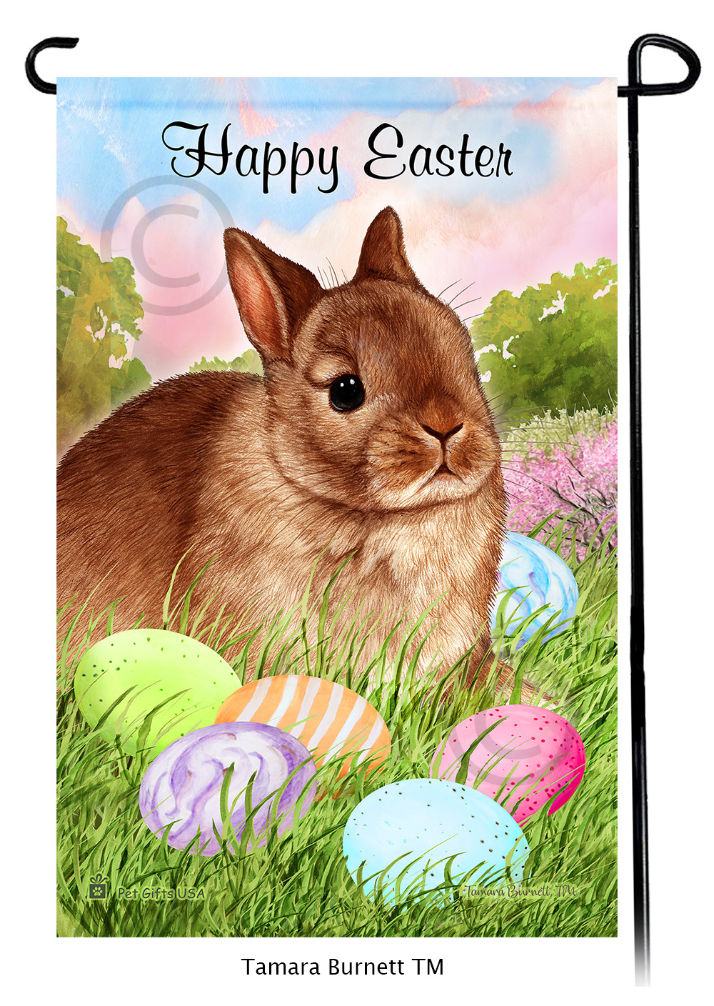 Rabbit Netherland Dwarf Cinnamon Happy Easter Garden Flag image