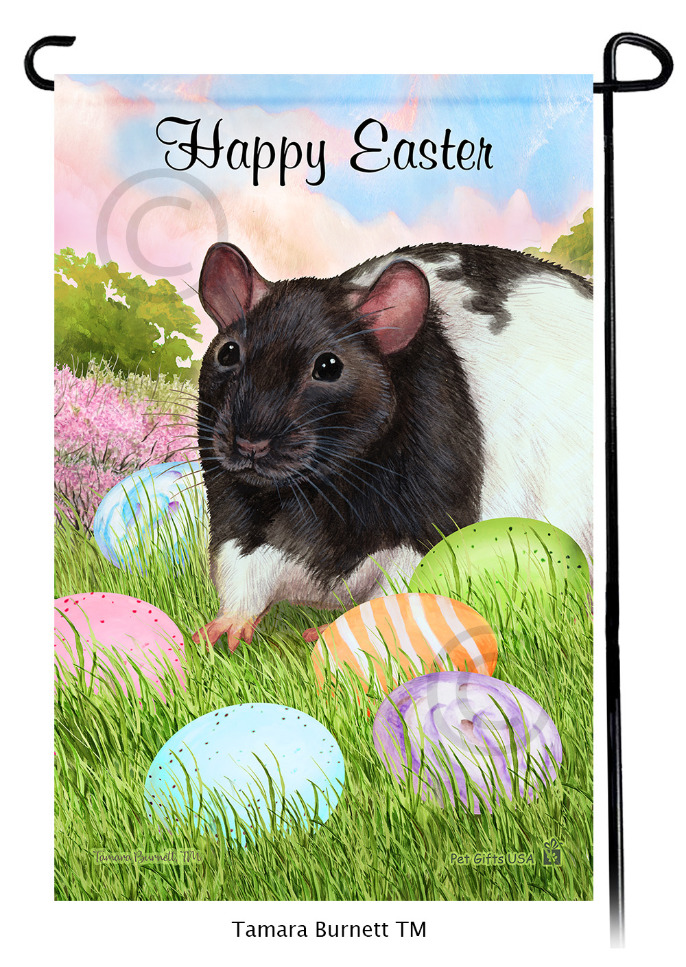 Rat Black and White Hooded Happy Easter Garden Flag image