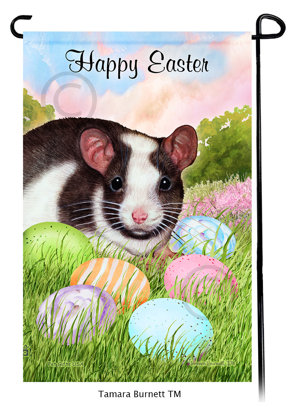 Rat Black and White Pied Happy Easter Garden Flag image