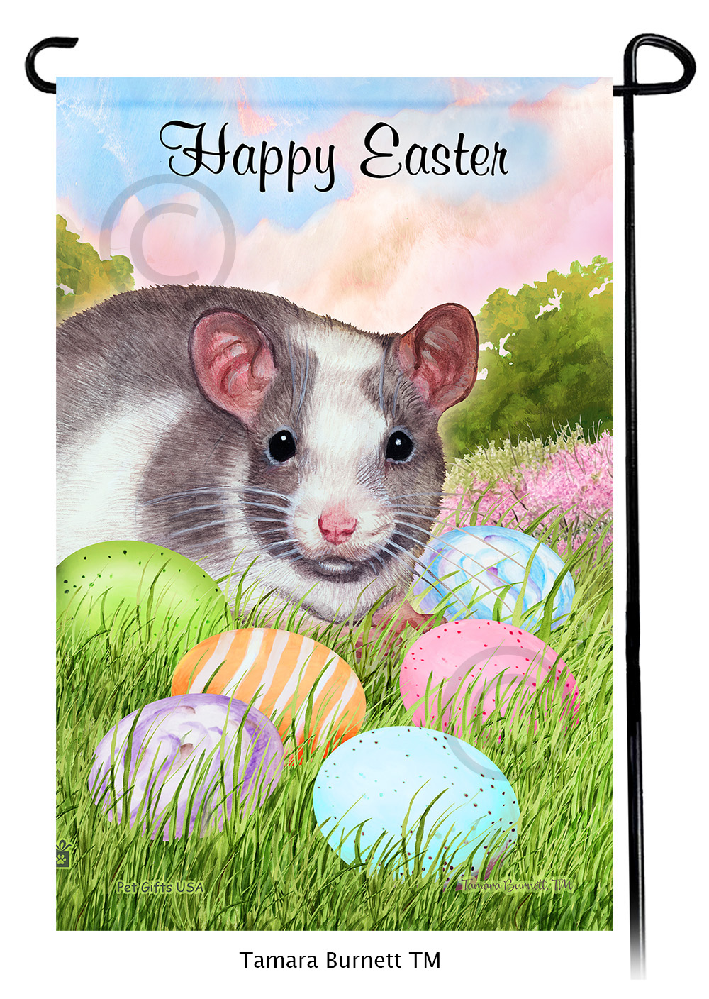 Rat Grey and White Pied Happy Easter Garden Flag image